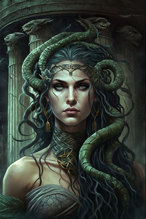 Medusa is a character from Greek mythology known for her snake-covered head. Originally, she’s said to be the daughter of two sea gods, Phorcys and Ceto, and one of three sisters, all of whom are Gorgons. In this early version, Medusa, like her sisters, has wings and snake hair from birth. 